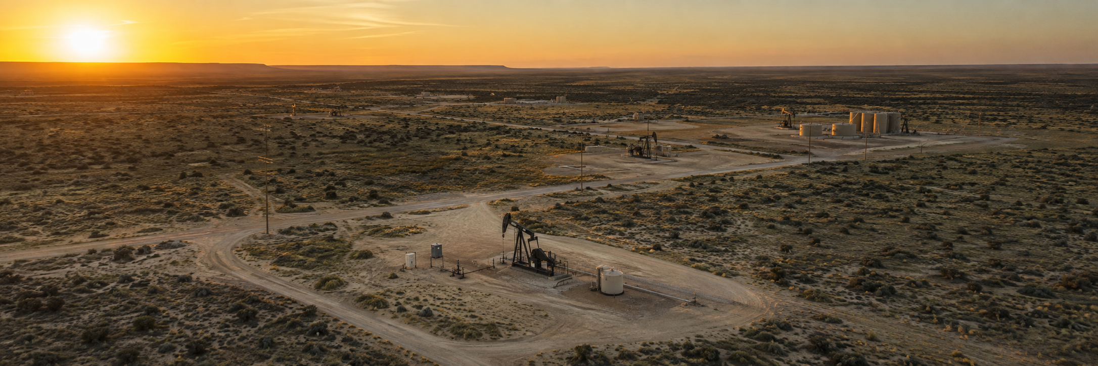 Pumpjacks and access roads across a desert oil field at sunrise